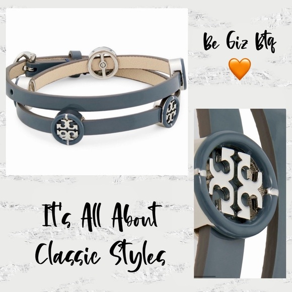 🆕 Tory Burch Authentic Miller Silver & Leather Blue Enamel Double Wrap Bracelet - Picture 2 of 12